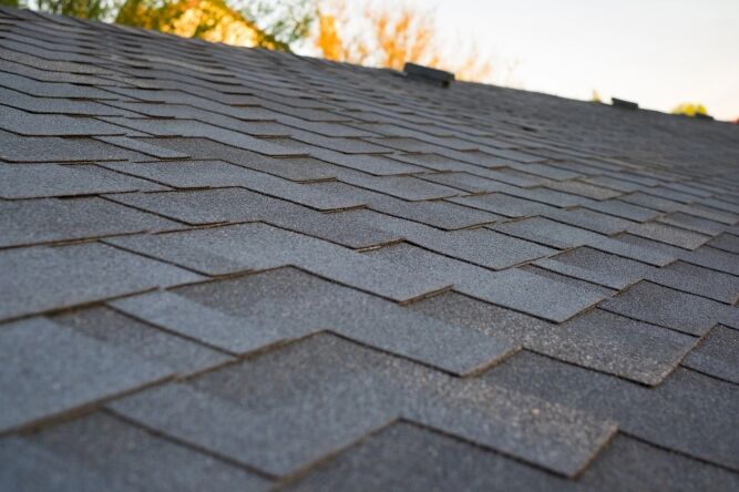 Close-up view of dark gray asphalt roof shingles with overlapping pattern, taken at an angle. Trees and sky are visible in the background.